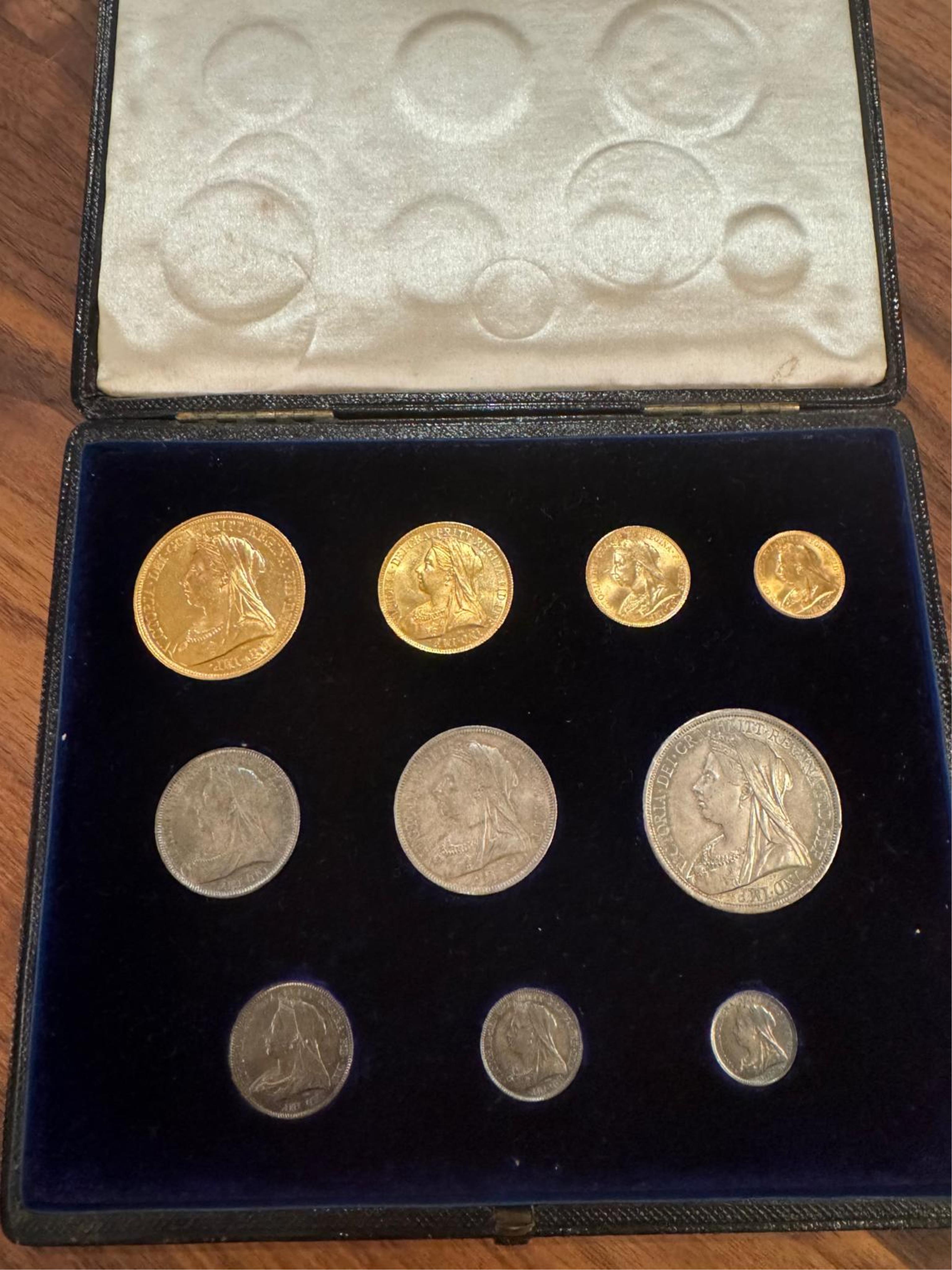 British gold coins, Victoria, cased 1893 gold and silver specimen ten coin set, comprising gold half sovereign, sovereign and five pounds and silver 3d to crown, scarce